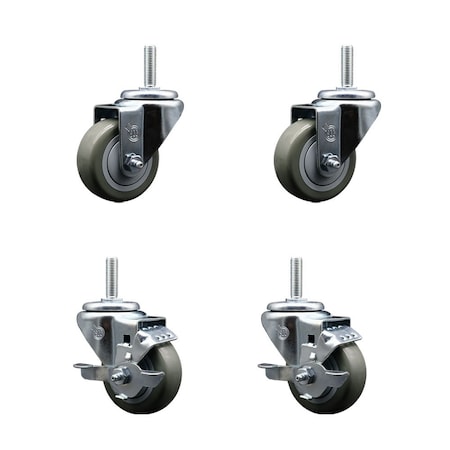 Service Caster 3 Inch Gray Polyurethane Wheel Swivel 34 Inch Threaded Stem Caster Set 2 Brakes SCC SCC-TS20S314-PPUB-34212-2-TLB-2